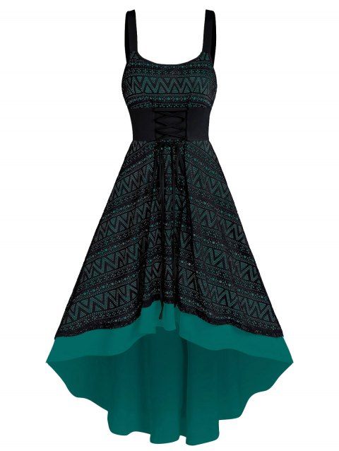 Casual Dress Geometric Print Dress Lace Overlay Lace Up High Low Midi Summer Dress