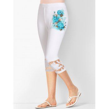 

Skinny Capri Leggings Leaf Floral Hollow Out Lace Elastic High Waist Casual Leggings, White