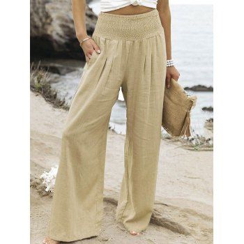 

Bohemian Wide Leg Pants High Smock Waist Casual Relaxed Pants Plain Color Long Loose Pants, White