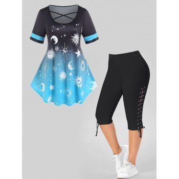 

Plus Size Ombre Sun Moon Star Print Crisscross T Shirt And Lace Up Capri Leggings Casual Outfit, Multicolor