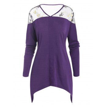 

Plus Size T Shirt Lace Panel Embroidery Leaf Flower Long Sleeve Tee, Purple
