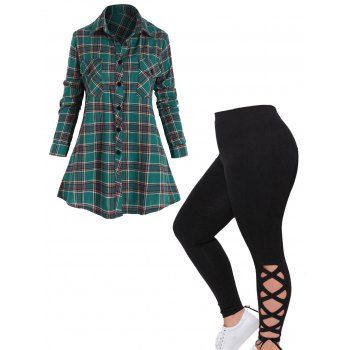 

Plus Size Plaid Print Front Pocket Button Up Shirt And Lace Up Solid Color Leggings Casual Outfit, Multicolor