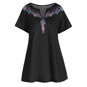

Ethnic Style T Shirt Flower Printed Notched Ralgan Sleeve Casual Tee, Black