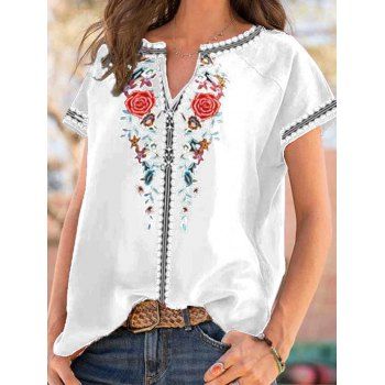 

Ethnic Style T Shirt Rose Leaf Print V Neck Raglan Sleeve Casual Tee, White