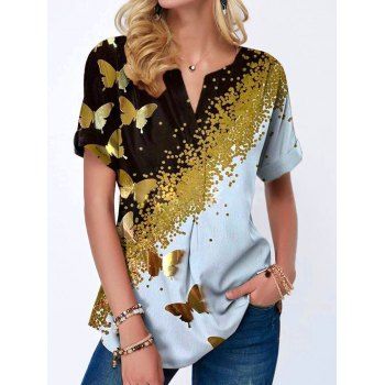 

Contrast Butterfly Print T Shirt Notched Raglan Sleeve Rolled Cuff Tee, Golden