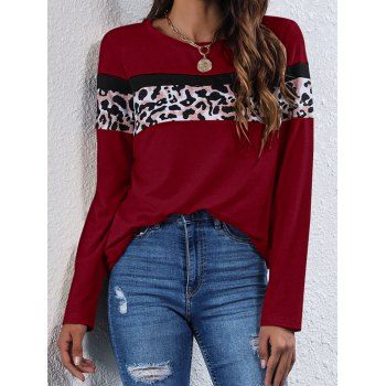 Leopard Print Panel T-shirt Long Sleeve Round Neck Casual Tee