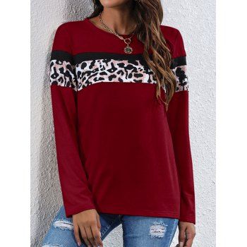 

Leopard Print Panel T-shirt Long Sleeve Round Neck Casual Tee, Deep red