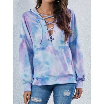 

Lace Up Pastel Color Tie Dye Print Hoodie Drop Shoulder Kangaroo Pocket Drawstring Hoodie, Multicolor a