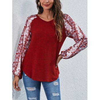 

Flower Print Panel Raglan Sleeve Knit Top V Neck Curved Hem Heathered Knitted Top, Deep red