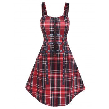 

Vintage Dress Plaid Print Dress Half Zipper Grommet A Line Mini Dress, Deep red