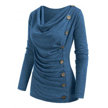 

Heather Mock Button Long Sleeves Draped Cowl Neck T-shirt, Blue