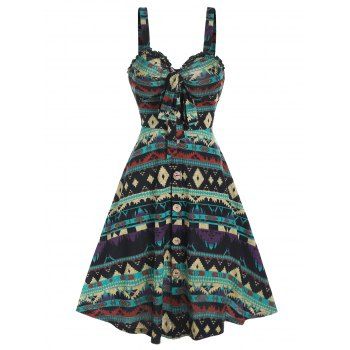 

Tribal Pattern Print Ethnic Dress Mock Button Ruffled Bowknot A Line Dress Backless Sleeveless Dress, Multicolor