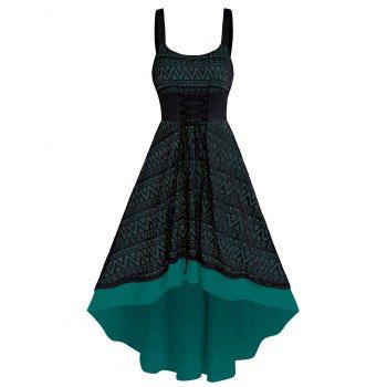 

Casual Dress Geometric Print Dress Lace Overlay Lace Up High Low Midi Summer Dress, Deep green