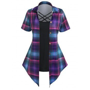 

Plus Size Faux Twinset T Shirt Plaid Print Crisscross Mock Button Colorblock T Shirt, Multicolor