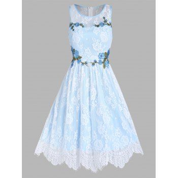 

Flower Embroidery Lace Overlay Party Dress Wedding Guest Dress Sleeveless A Line Dress, Light blue