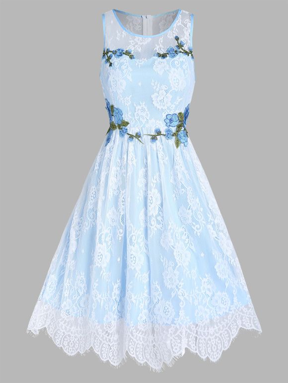 Robe de Soirée Trapèze Superposée Fleur Brodée en Dentelle sans Manches Pour Invité de Mariage - Bleu clair XXXL