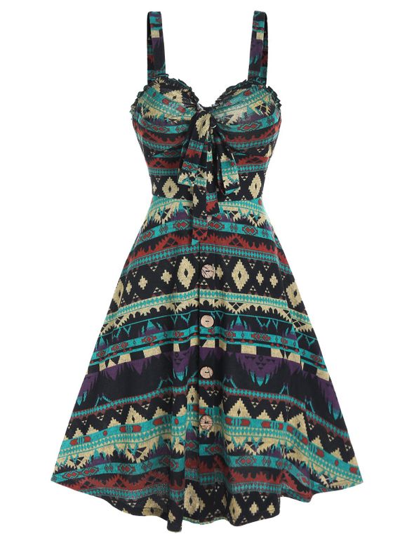 Tribal Pattern Print Ethnic Dress Mock Button Ruffled Bowknot A Line Dress Backless Sleeveless Dress - multicolor M