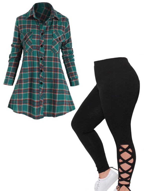 Plus Size Plaid Print Front Pocket Button Up Shirt And Lace Up Solid Color Leggings Casual Outfit - multicolor L