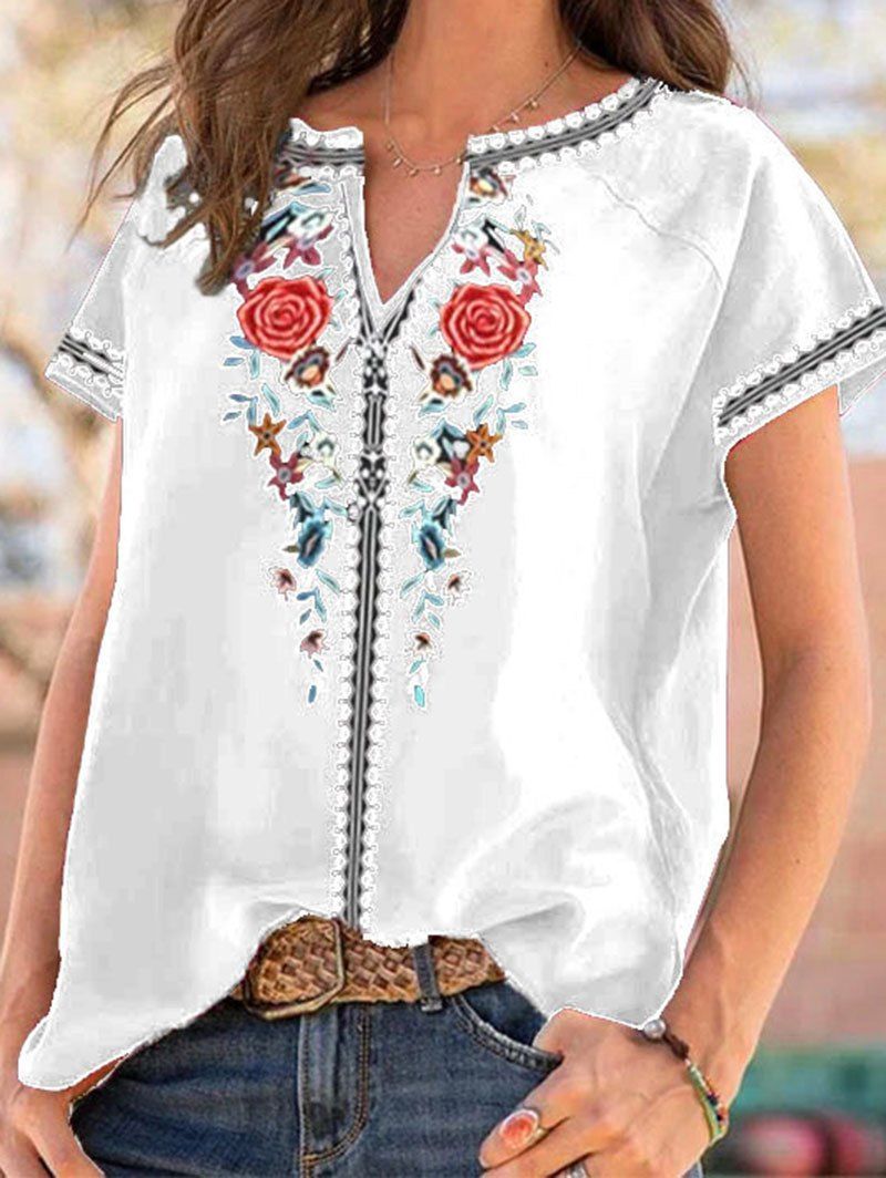 T-shirt Décontracté à Imprimé Rose et Feuille Style Ethnique à Manches Raglan - Blanc XL