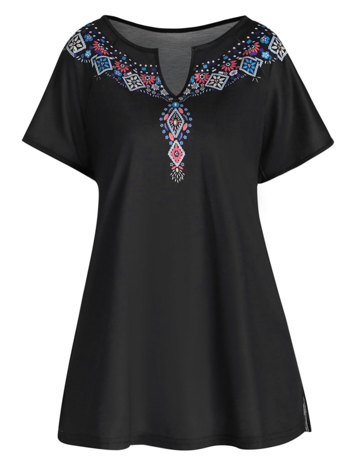 Ethnic Style T Shirt Flower Printed Notched Ralgan Sleeve Casual Tee - BLACK 3XL
