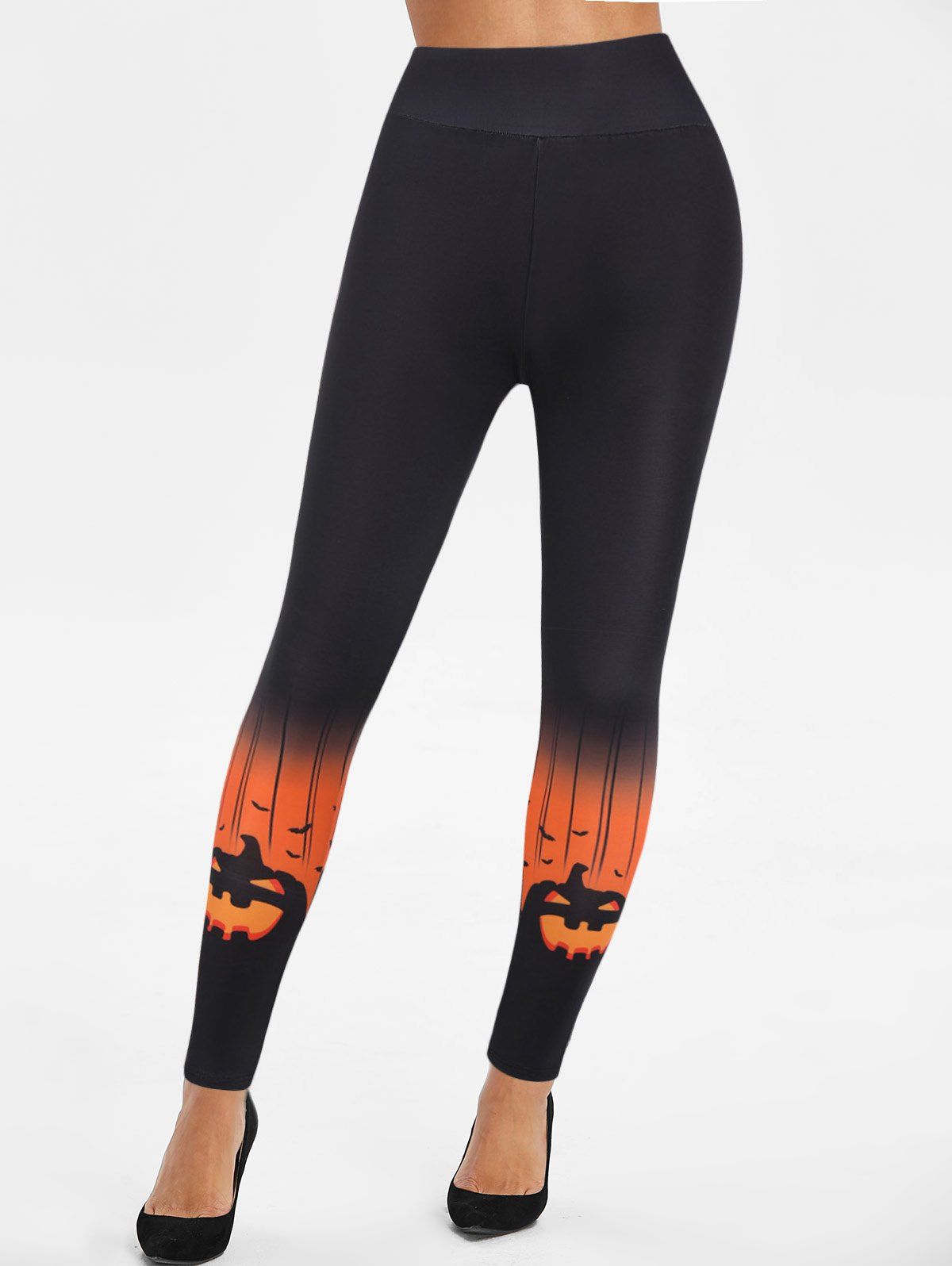 Legging D'Halloween Moulant Ombré à Imprimé Chauve-souris Citrouille à Taille Haute - Orange XL