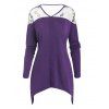 T-shirt Fleur Feuille Brodée Panneau en Dentelle de Grande Taille à Manches Longues - Pourpre 2XL