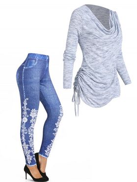 Heather Draped Cinched Long Sleeve Cowl Neck T-shirt And Flower Faux Denim 3D Print High Waist Skinny Jeggings Outfit