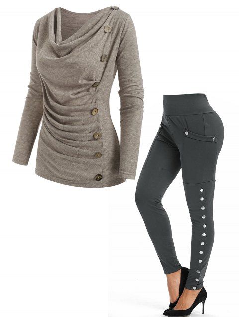 Heather Mock Button Long Sleeves Draped Cowl Neck T-shirt And High Waisted Pocket Snap Button Side Leggings Outfit