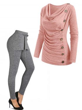 Heathered Mock Button Long Sleeves Draped Cowl Neck T-shirt And O Ring High Rise Skirted Leggings Outfit