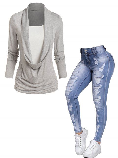Heathered Draped Ruched Long Sleeve  2 In 1  T-shirt And Zipper Fly Light Wash Pockets Ripped Jeans Outfit