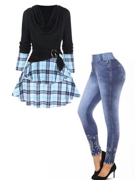 Plaid Print O Ring Layered Draped Faux Twinset T Shirt And Tirbal 3D Print Leggings Casual Outfit