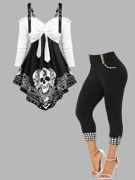 Skull Printed Bowknot Asymmetrical Ruffle Twofer T Shirt And Plaid Pattern Capri Leggings Casual Outfit