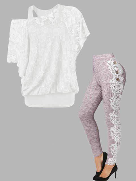 Sheer Rose Lace Bat Sleeve Skew Neck T Shirt Basic Cami Top And Lace Applique Space Dye Leggings Outfit