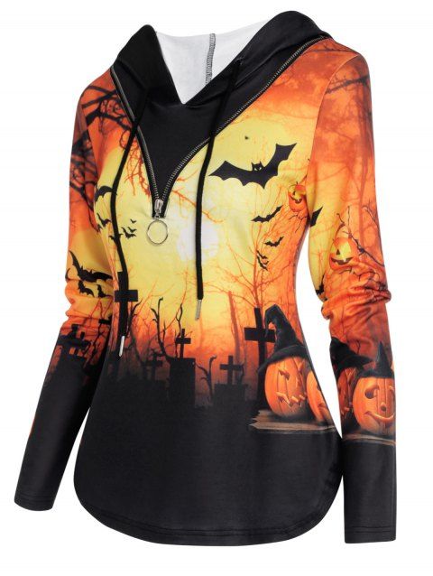 Halloween Faux Twinset Hoodie Pumpkin Printed Half Zipper Casual Sweatshirt With Hood