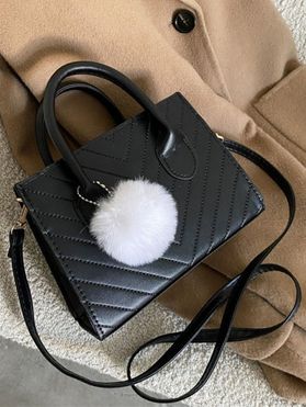 Solid Color Topstitching Fuzzy Ball Zipper Crossbody Bag Handbag