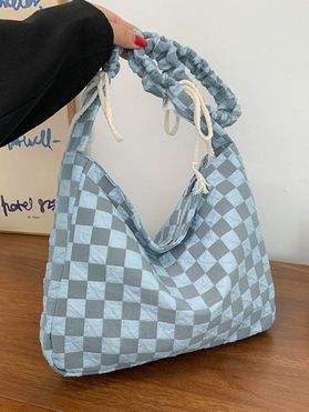 Nylon Plaid Print Zipper Shoulder Bag