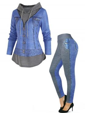 O Ring Zipper Hooded Drawstring 2 In 1 T-shirt And High Waist Leggings Faux Denim 3D Print Outfit