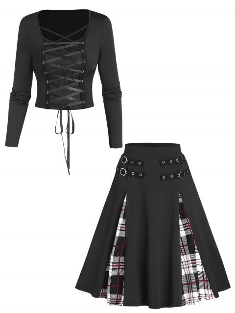 Lace Up Long Sleeve Crop Top And Buckle Straps Plaid Godet Skirt Gothic Outfit