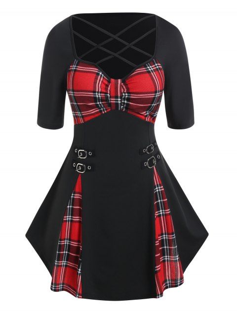 Plus Size T Shirt Plaid Print Godet Lattice Strap Buckle Half Sleeve Tee