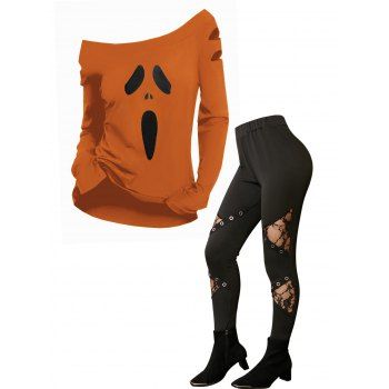 

Halloween Funny Ghost Face Print Skew Neck Cut Out Long Sleeve T-shirt And Lace Patches Insert Eyelets High Waist Pants Outfit, Multicolor