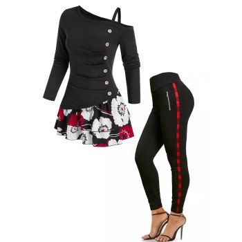 

Flower Print Button Ruched Layered Twofer T-shirt And Plaid Trim Zipper Detail Skinny High Waist Pants Outfit, Black
