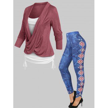 

Crossover Heathered Ruched Cinched Faux Twinset T Shirt And Tribal Geometric 3D Print Jeggings Casual Outfit, Multicolor