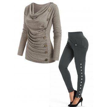 Heather Mock Button Long Sleeves Draped Cowl Neck T-shirt And High Waisted Pocket Snap Button Side Leggings Outfit