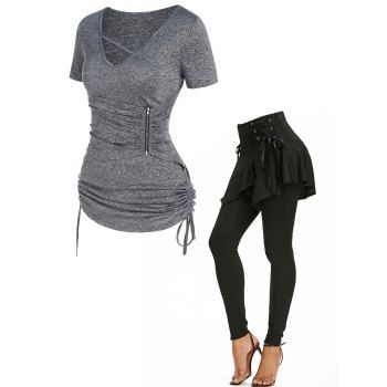 

Cinched Tie Ruched Zipper Embellishment Cross V Neck T-shirt And Lace Up Asymmetrical Skirted Leggings Outfit, Multicolor