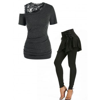 

Rose Lace Skew Collar Ruched Faux Twinset T Shirt And Lace Up Asymmetrical Skirted Leggings Casual Outfit, Black