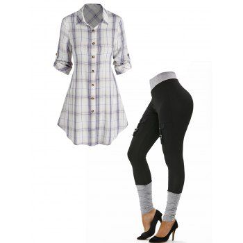 

Plaid Printed Button Up Long Sleeve Shirt And Buckled Pockets Colorblock Stacked Leggings Casual Outfit, Multicolor