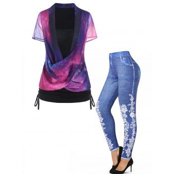 

Galaxy Print Crossover Short Sleeve Faux Twinset T Shirt And Flower Denim 3D Print Skinny Jeggings Outfit, Multicolor