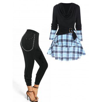 

Plaid Print O Ring Layered Draped Faux Twinset T Shirt And Chain Detail Grommet Pants Casual Outfit, Multicolor