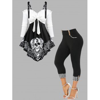 

Skull Printed Bowknot Asymmetrical Ruffle Twofer T Shirt And Plaid Pattern Capri Leggings Casual Outfit, Black