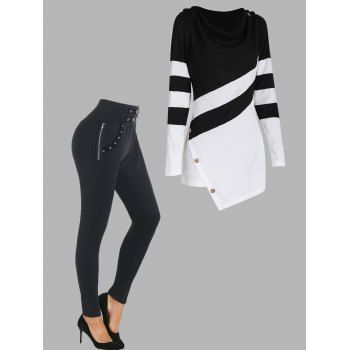 

Two Tone Asymmetric Pointed Hem Textured Mock Button Long Sleeve T-shirt And High Waisted Buckle Eyelet Zipper Embellishment Leggings Outfit, Black